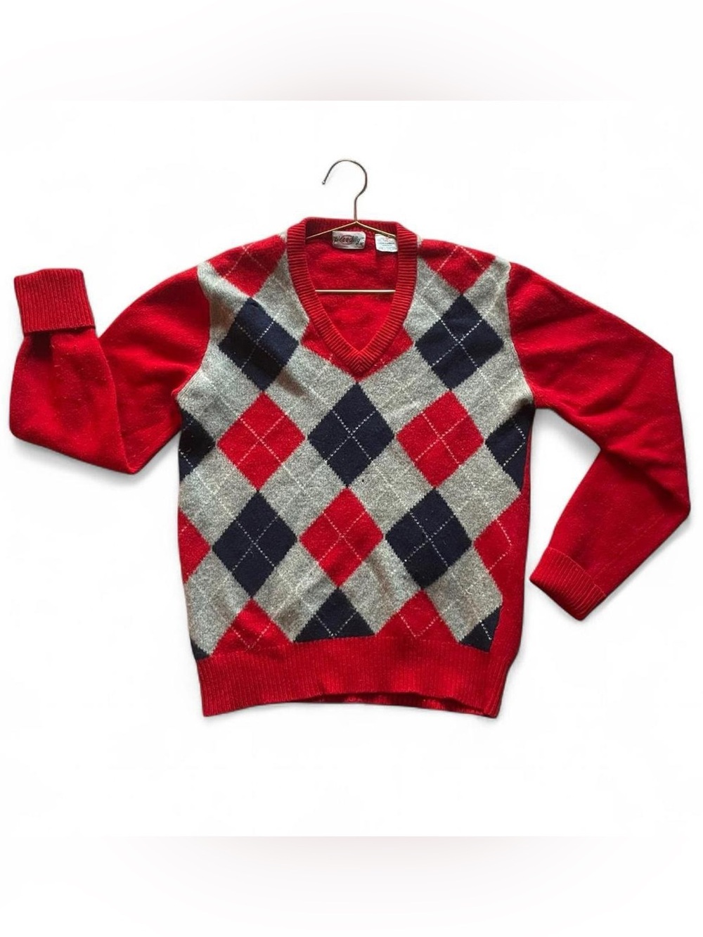Vintage 1960s Red & Grey Argyle Wool Sweater – Piccadilly – Men’s M